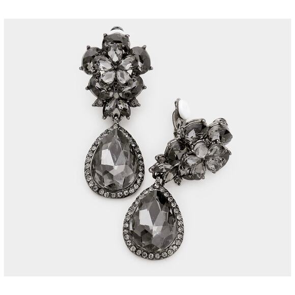 Classy 2" clip on silver, gray stone flower and teardrop earrings - Picture 4 of 4